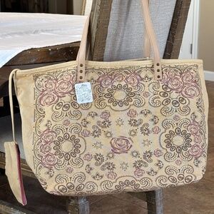 FREE PEOPLE Canvas Tote Bag, Retired Paisley & Rose Design, Attached Pouch, NWT